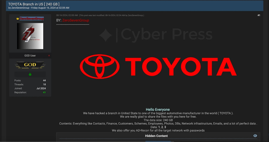 TOYOTA bị vi phạm dữ liệu, tin tặc rò rỉ 240GB lên mạng trực tuyến
