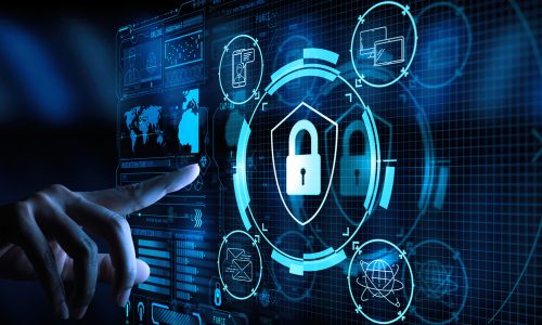 Data protection Cyber Security Privacy Business with Woman hand pointing with UI.Internet Technology Concept.